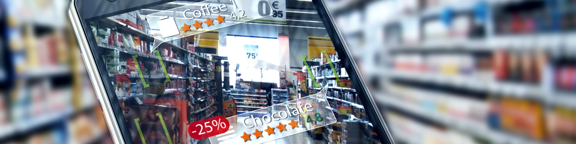 Screen of smartphone in supermarket in camera view